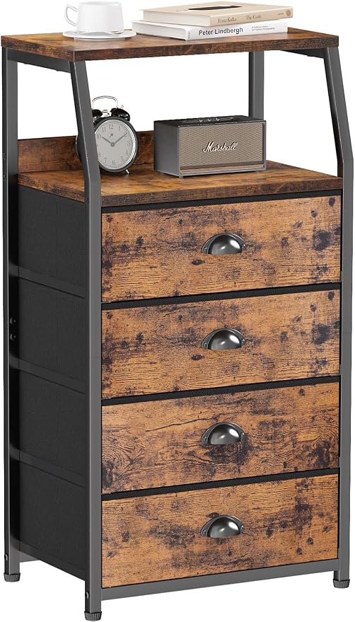 Furnulem Tall Night Stand, Bedside Table for Bedroom, Small Fabric Dresser | Rustic Brown Dorm Closet Organizer, Vertical Storage Drawer, 2-Tier Shelf, Sturdy Steel Frame, Wood Top