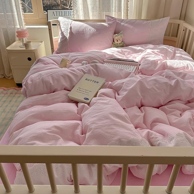 mixinni Pink Gingham Duvet Cover King Size - 3 Piece Cottagecore Plaid Bedding Set with Lace Trim, Soft Washed Microfiber Vintage Aesthetic Grid Comforter Cover & Pillow Shams, (Pink White Gingham)