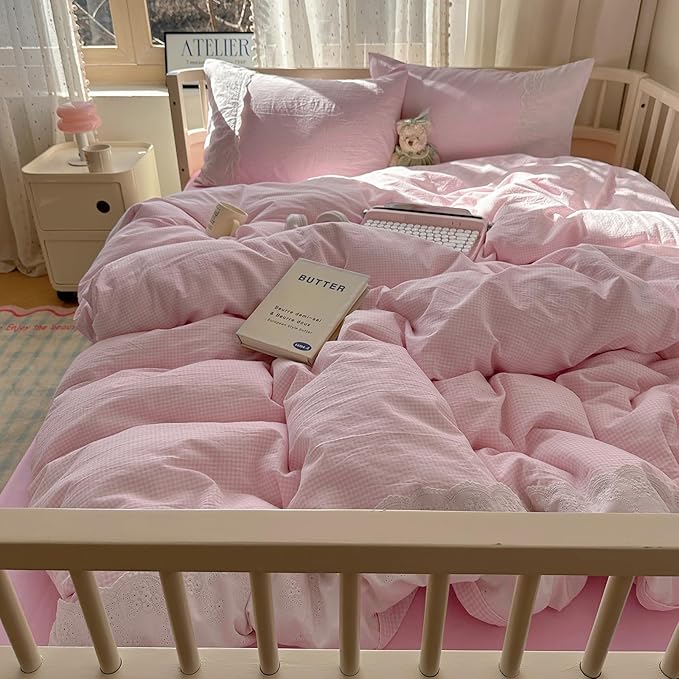 mixinni Pink White Gingham Duvet Cover Twin XL Size - 3 Piece Cottagecore Plaid Bedding Set with Lace Trim, Soft Washed Microfiber Vintage Aesthetic Grid Comforter Cover & Pillow Shams