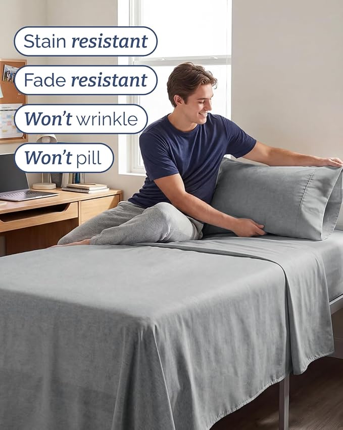 Twin XL 3 Piece Sheet Set - College Dorm Room Essentials - Heathered Grey | Deep Pocket Bed Sheets for Women, Men, Teens & Students, Soft, Cooling, Breathable & Wrinkle Free, Oeko-Tex Bed Sheet Set