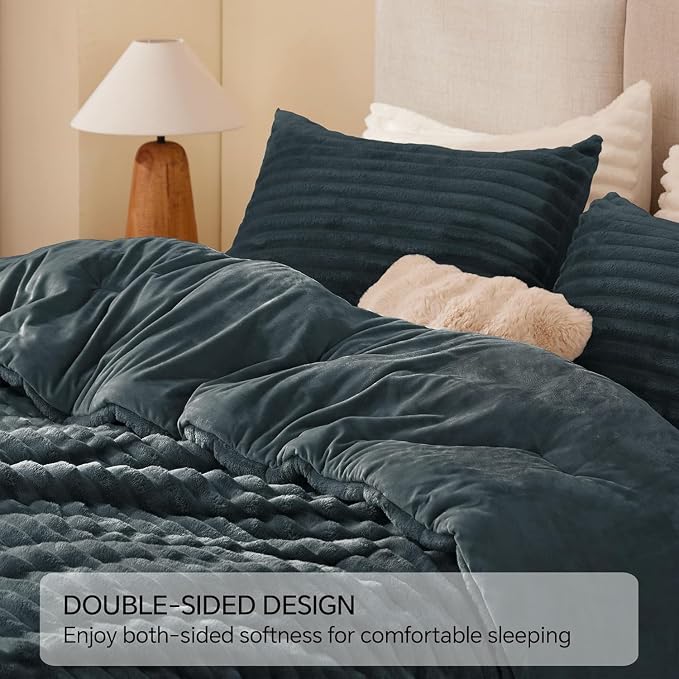 BEDELITE Fleece Full Comforter Set, Fluffy Bed Set, Dark Grey | Super Soft & Warm Bedding, Luxury Fuzzy Faux Fur Comforter for Winter, Heavy Plush Bedding, with 2 Pillowcases