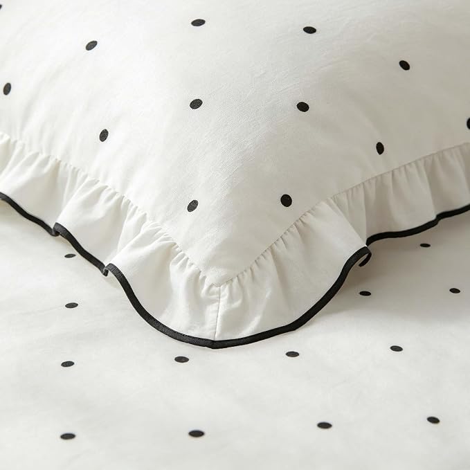 Nayoroom Polka Dot Duvet Cover Queen Size Elegant White Ruffle Duvet Cover 3 Pieces Soft Breathable Microfiber Cute Princess Black Dot Bedding Set