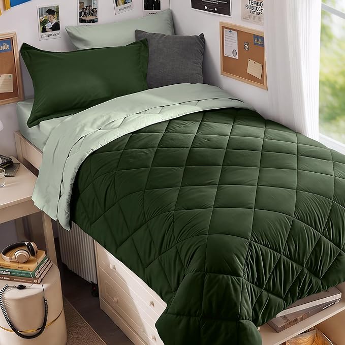 5 Pieces Twin XL Comforter Set, Reversible Bed in a Bag Twin XL Size, All Season Bedding Set with Comforter, Flat Sheet, Fitted Sheet, Pillowcases & Shams, Dark Green & Light Green