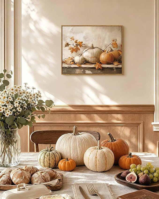 WHASAYART Vintage Pumpkin Thanksgiving Wall Art 16x20 Framed Canvas Print with Fall Leaves, Rustic Autumn Season Painting, Cozy Harvest Dining Room Kitchen Farmhouse Decor