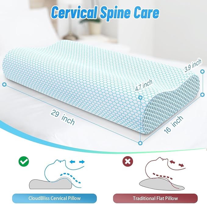 Neck Pillow for Sleeping, Ergonomic Cervical Bed Pillow, Blue Queen Size | Memory Foam Bed Pillow for Side Back Stomach Sleepers, Contour Fit Neck Pillow for Sleeping and Neck Pain Relief