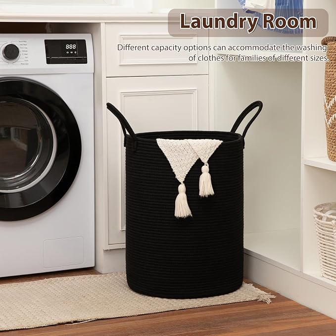 OIAHOMY 80L Nursery Hamper Laundry Basket Laundry Hamper Black | collapsible Blanket Basket Cotton Rope Woven Basket Dirty Clothes Hamper Baby Hamper Tall Clothes Hamper with Handles