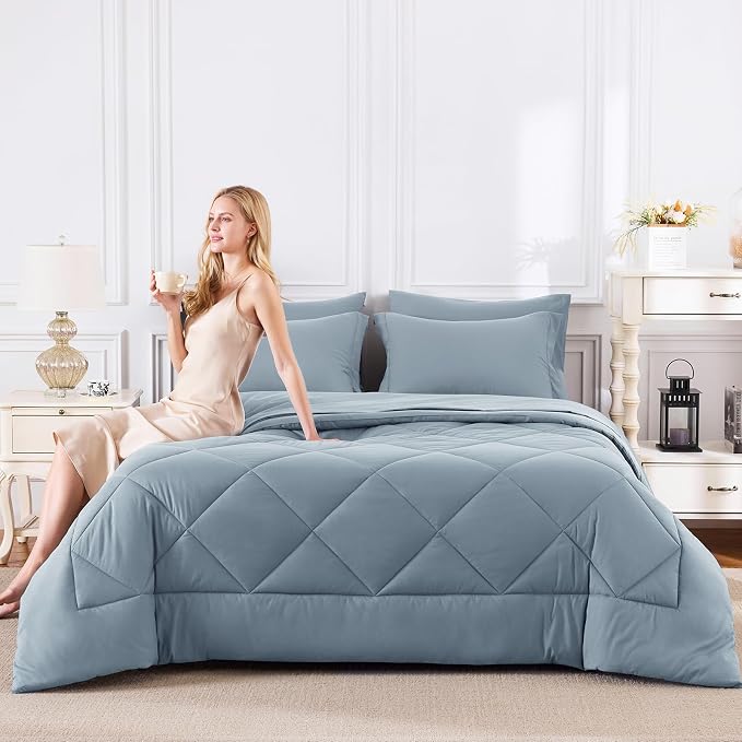 California King Comforter Set Dusty Blue - 7 Pieces Bed in a Bag | OEKO-TEX Certified, All Season, 240GSM Down-Alternative Comforter, Sheets, Pillowcases & Shams, 14" Deep Pocket, Easy Care