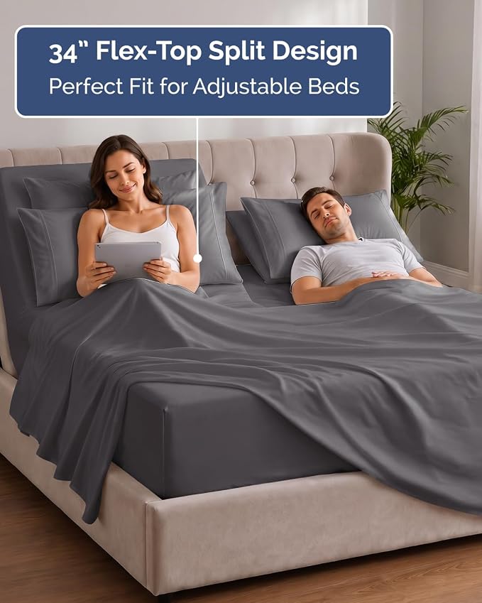 Extra Deep Flex Top Split Head King Sheet Set - 6 Piece Breathable and Cooling Sheets - Hotel Luxury Bedding for Women, Men, Kids & Teens - Easy Secure Fit - Extra Deep Pockets - Dark Grey