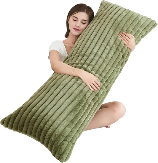Full Body Pillow with Fluffy Stripe Faux Fur Removable Cover, Long Bed Pillow Adult 20x54 Inches for Side Sleeper and Pregnancy, Sage.