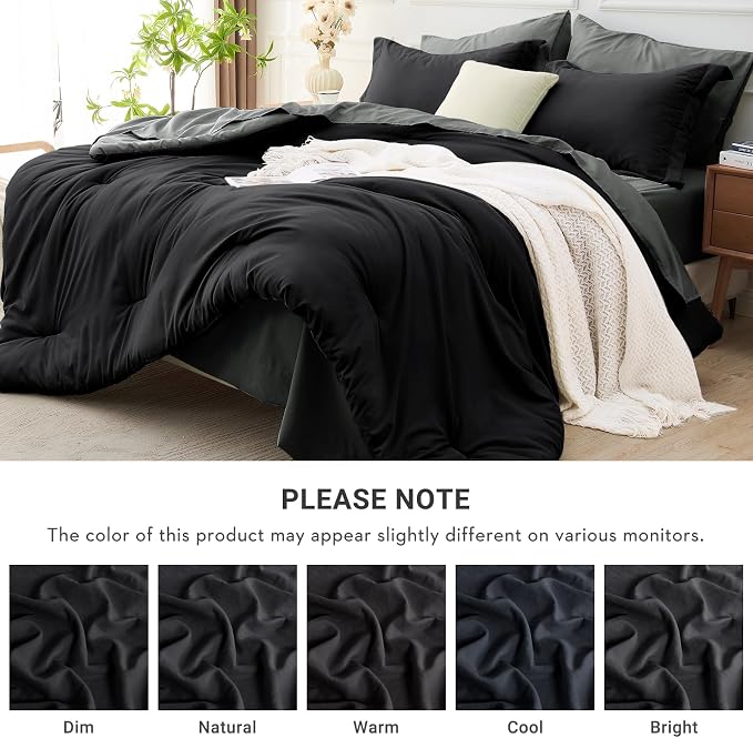 7 Pieces Queen Comforter Set, Soft Bed in a Bag Queen Size, All Season Bedding Set with Comforter, Flat Sheet, Fitted Sheet, Pillowcases & Shams, Black & Grey