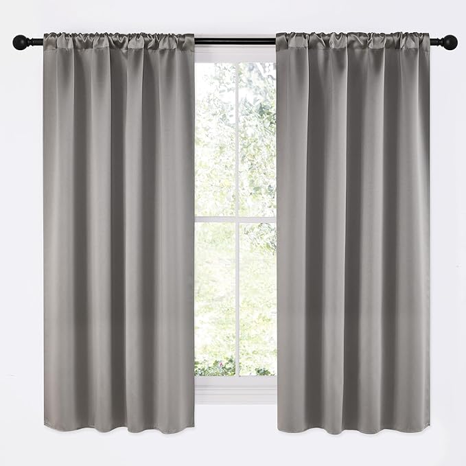 NICETOWN Chrome Gray Room Darkening Curtains for Cafe 42" x 63" 2 Panels | Blackout Satin Curtains for Small Windows Rod Pocket Privacy Drapes for Play Room, Light Blocking Noise Reducing Home Decor