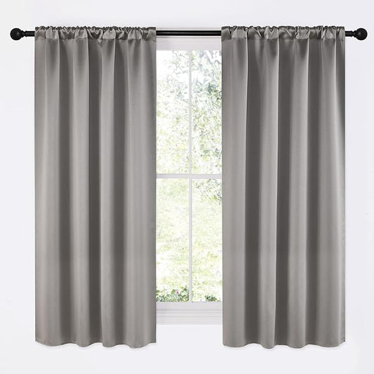 NICETOWN Chrome Gray Room Darkening Curtains for Cafe 42" x 63" 2 Panels | Blackout Satin Curtains for Small Windows Rod Pocket Privacy Drapes for Play Room, Light Blocking Noise Reducing Home Decor