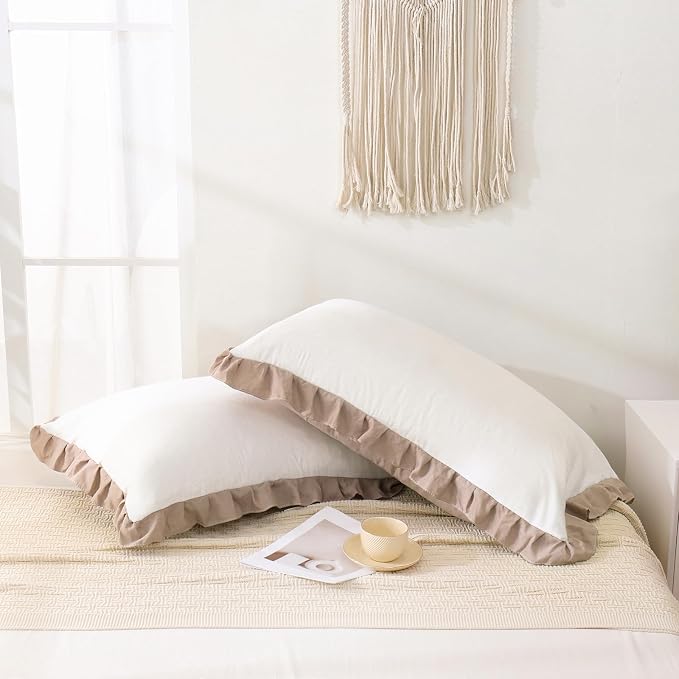 Merryword Taupe Pillow Shams White and Taupe Reversible King Pillowcases Cute Pillow Cover Set of 2 Soft Shabby Chic Ruffled Pillowcases 2 Pack (King (20''x36''), White Taupe)