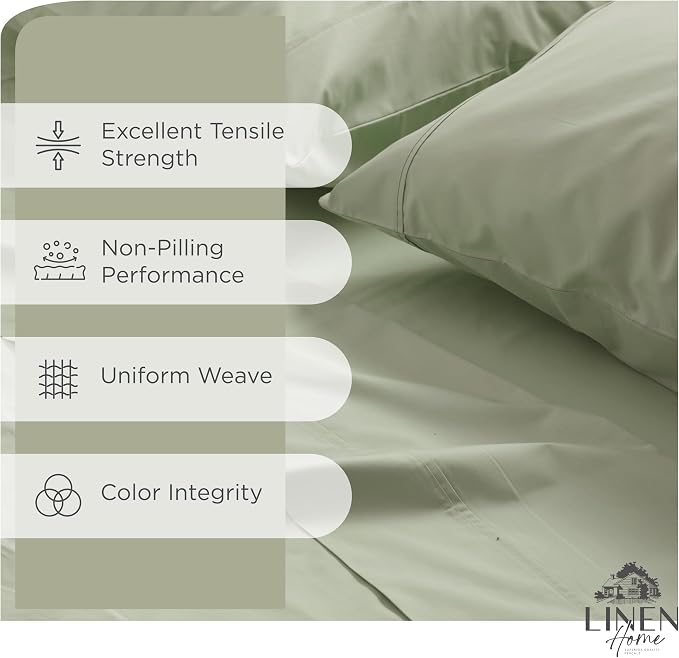 Linen Home 100% Cotton Percale Sheets Twin Size Pack of 2, Sage, Deep Pocket, 6 Pieces Set- 2 Flat, 2 Fitted and 2 Pillowcases, Crisp Cool and Long Staple Strong Bed Linen