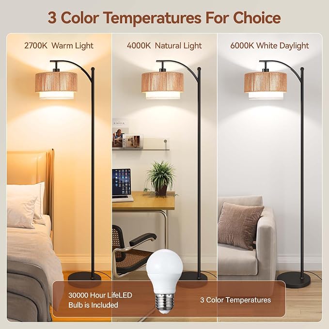 SUNMORY Arc Floor Lamps for Living Room, Rattan Standing lamp with 12W Bulb | Arched LED Lamp with 3 Color Temperatures, Farmhouse Floor Lamps with Adjustable Shades, Boho Floor Lamp for Bedroom, Corner