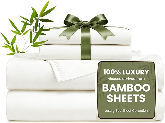 Love's cabin 4 Piece Full Size Sheet Set, 100% Rayon Derived from Bamboo, Cooling & Breathable, Soft Silky Deep Pocket up to 16", Hotel Luxury Bedding for Hot Sleepers, White
