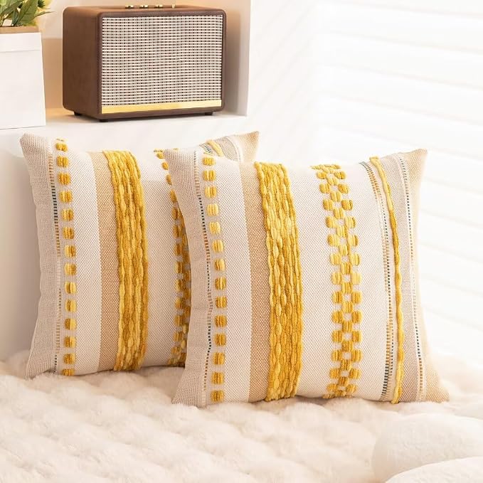 Boho Throw Pillow Covers Decorative Neutral Farmhouse Pillow case | 18x18 Set of 2 Cushion Case Striped Square Pillows Cover Couch Pillow Cases Accent Pillowcase for Sofa Bed,Yellow