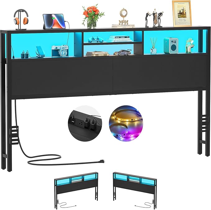Aheaplus Headboard for King Size Bed with Storage, Headboards with Outlets | King Size Head Board Only, USB Ports and LED Light, Height Adjustable, Reversible, Sturdy and Stable Headboard, Black