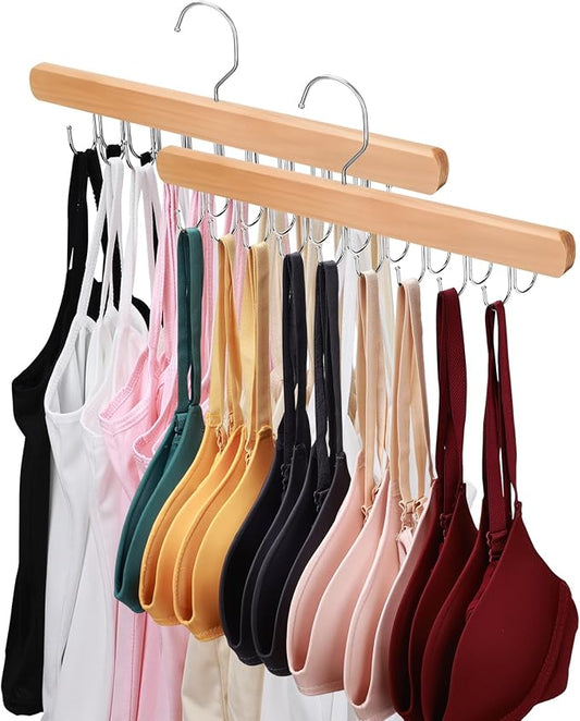 NECAMOCU 2 Pack Bra Hanger for Closet Organizer, Premium Tank Top Hangers | Wooden Bra Holder with 36 Foldable Hooks, 360° Rotating Design, Space Saving Storage for Tank Tops, Bras, Belts, and More