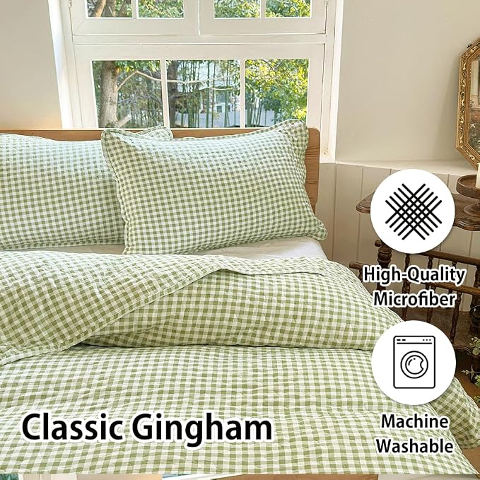 NSNLGSGC Sage Green Gingham Queen Summer Bedspread Quilt Set | Pre-washed Microfiber,Lightweight Checked Grid Bedding Coverlets for All Seasons
