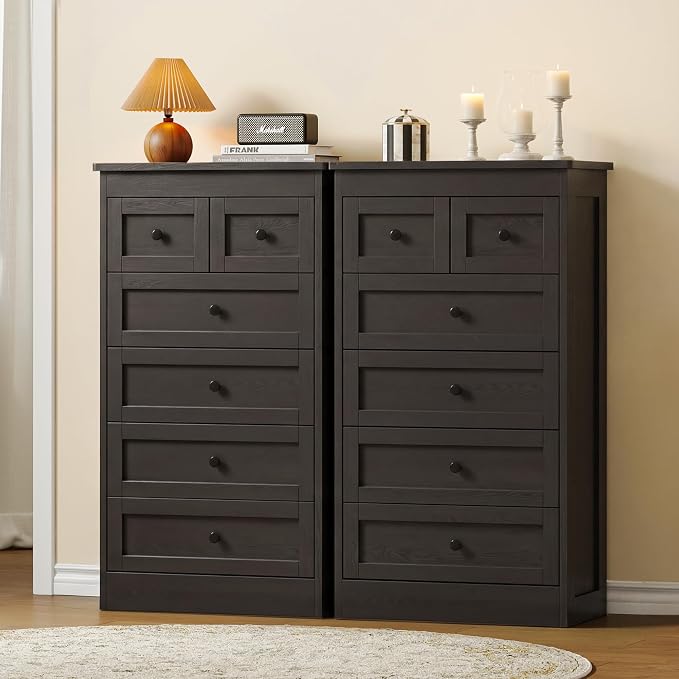 wanan Tall 6 Drawer Dresser for Bedroom, Black Modern 43.3'' Tall Wood Chest of Drawers, Storage Organizer with Smooth Metal Rails & Anti-Tip Kit for Closet, Hallway, Living Room