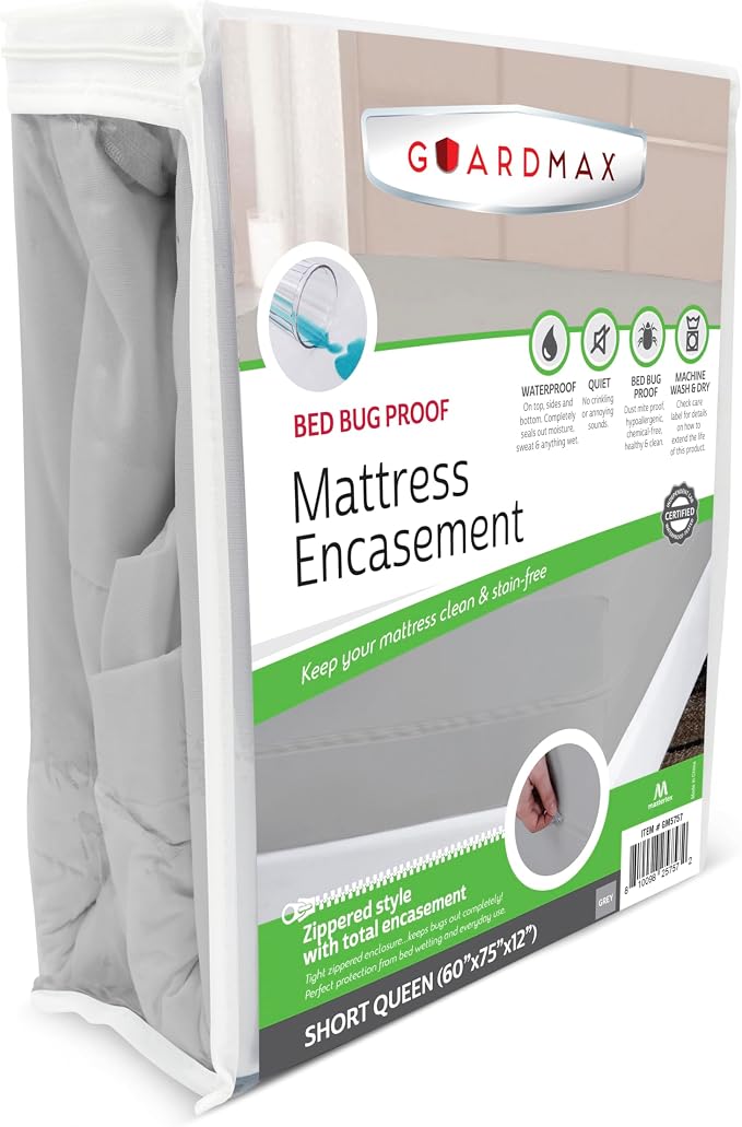 Guardmax Short Queen Mattress Protector Zippered, Bed Bug Mattress Cover | Waterproof, Dust Mite Proof, 6-Sided, Soft Jersey Knit, Machine Washable, Short Queen - 60 x 75, up to 13" Deep