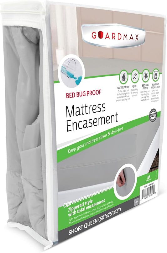 Guardmax Short Queen Mattress Protector Zippered, Bed Bug Mattress Cover | Waterproof, Dust Mite Proof, 6-Sided, Soft Jersey Knit, Machine Washable, Short Queen - 60 x 75, up to 13" Deep