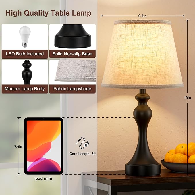 Touch Lamps for Nightstand, 3 Way Dimmable Bedside Lamps with USB C+A Ports | Touch Control, LED Bulb Included, Small Black Table Lamp for Bedroom, Night Stands, End Table, Gift，Corded，Beige Shade