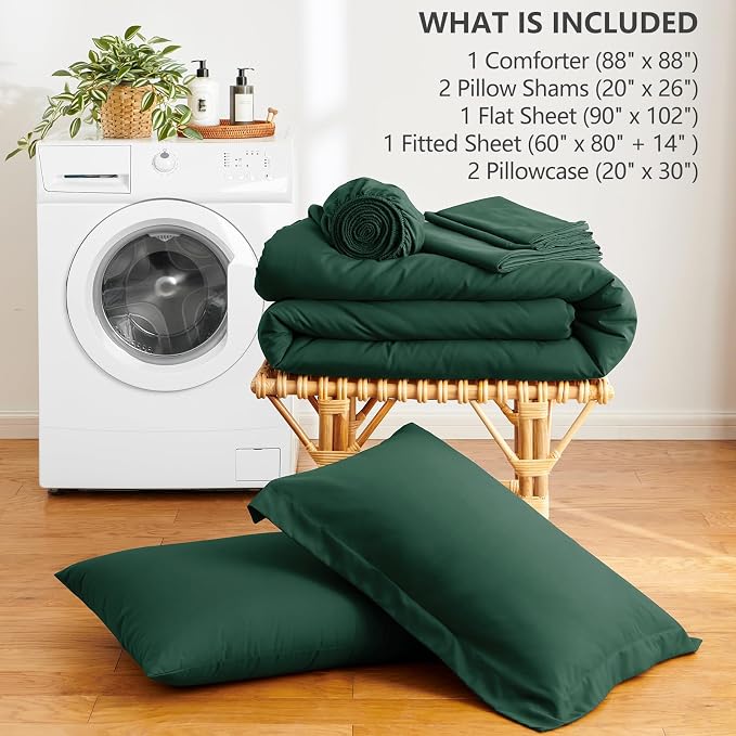 HIMEET Queen Comforter Set 7-Piece Point-Quilted Bed in a Bag Emerald Green | OEKO-TEX Certified, Lightweight 240 GSM Comforter, Flat Sheet, 14-Inch Deep-Pocket Fitted Sheet, Pillowcases & Shams