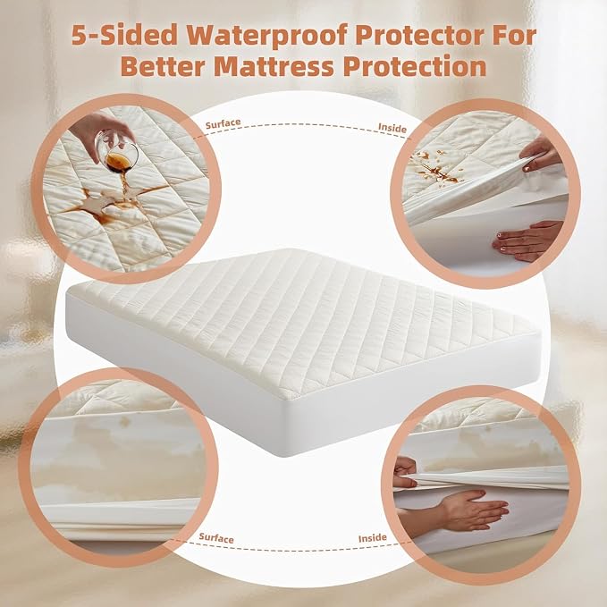 Organic Queen Mattress Protector -Top&Side 100% Waterproof Protector | Organic Mattress Protectors for bed | 5-Sided Waterproof Protection | Noiseless & Breathable | Queen Size 80x60x17 in