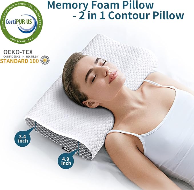Neck Pillow Memory Foam for Pain Relief Bed Pillow for Sleeping, Ergonomic Orthopedic Cervical for Neck and Shoulder Pain, Side Back Stomach Sleeper(White&Grey)