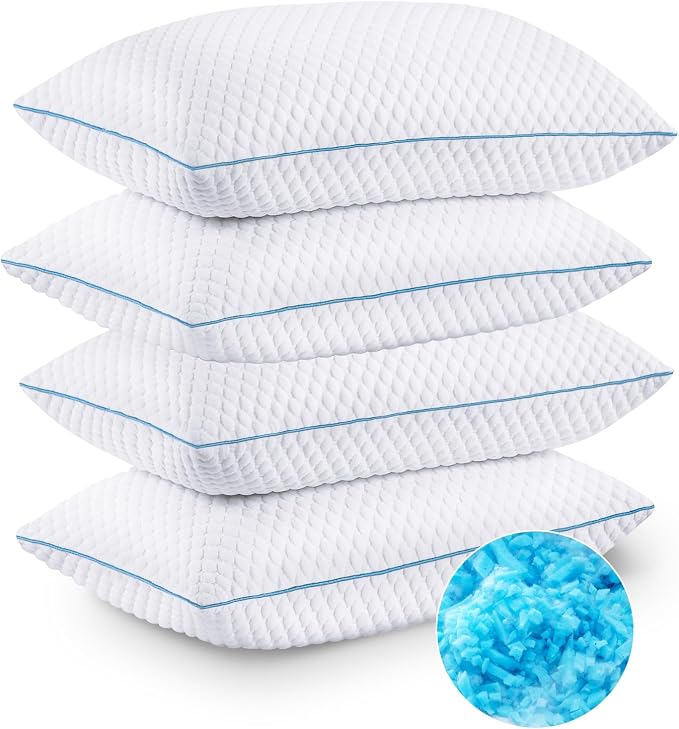 Cooling Shredded Memory Foam Bed Pillows, Queen Size, Set of 4, 20 x 30 in | Adjustable Firm, Supportive, Breathable, Hypoallergenic, Odorless, Luxury, Cool Gel pillows for Side Back Stomach Sleepers