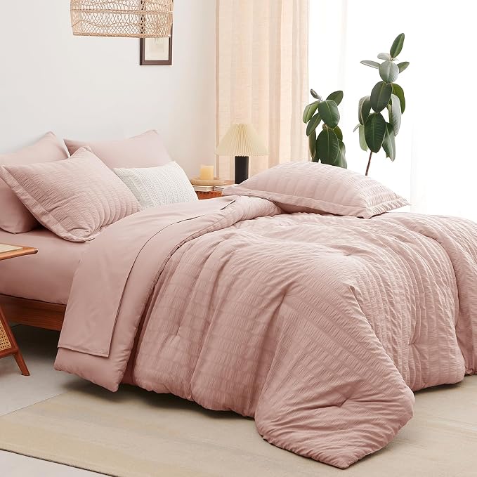 Full Size Comforter Sets 7 Pieces Rose Gold Seersucker Bed in a Bag | OEKO-TEX Certified, All Season Bedding Set with 240 GSM Down Alternative Comforter, Flat & Fitted Sheets, Pillowcases & Shams