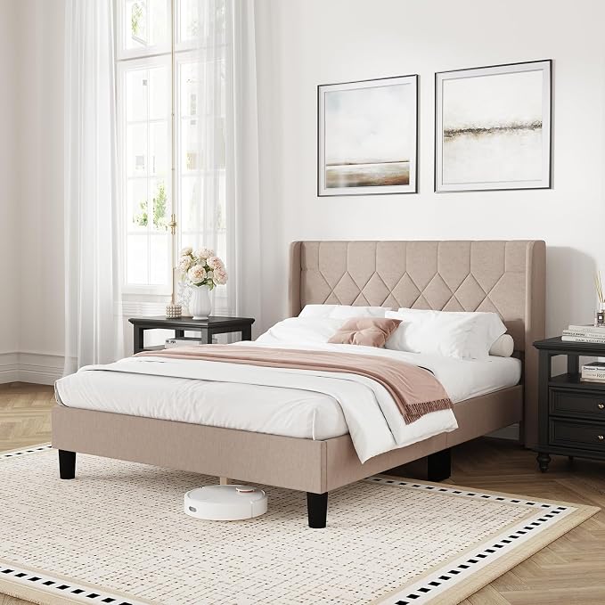 Novilla Full Size Bed Frame, Full Bed Frame with Headboard, Linen Upholstered Pull-Point Wing Side Headboard, No Box Spring Needed, Heavy Duty Feet, Easy Assembly, Beige