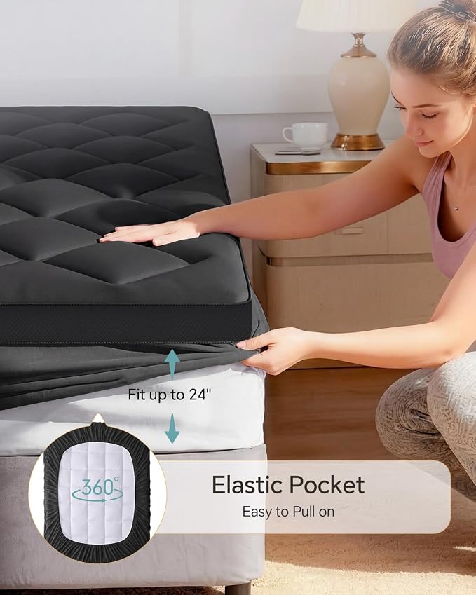 Dual Layer 4 Inch Memory Foam Mattress Topper Twin | 2 Inch Gel Memory Foam and 2 Inch Pillow Top Mattress Pad Cover, 7-Zone Egg Crate & 2-in-1 Design (Black-White)