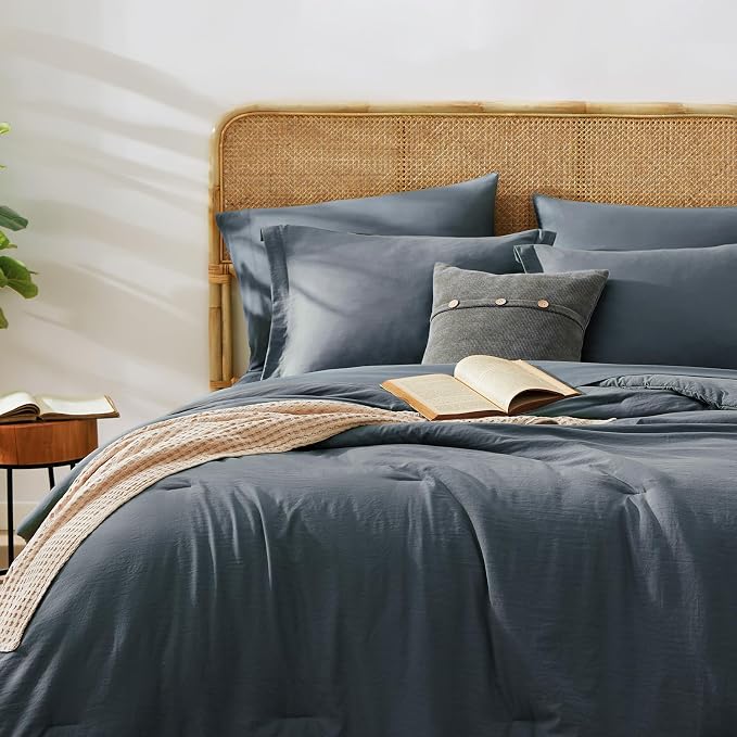 Queen Comforter Set-7 Pieces Soft Prewashed Bed in a Bag Queen Bedding Sets | All Season Comforter with Sheets, Pillow Shams & Pillowcases,Blue Grey