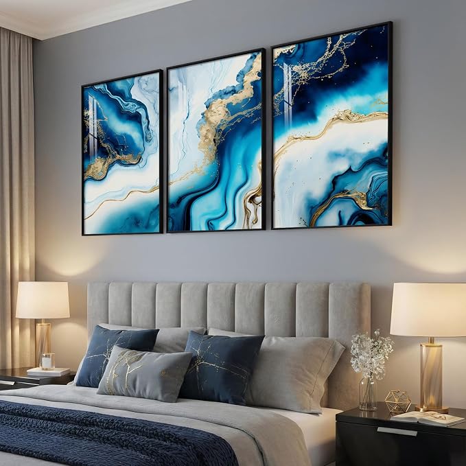 Large Framed Blue and Gold Abstract Wall Art for Living Room, 3 Piece 24x36 | Luxury contemporary pictures, Bright art prints, Modern paintings, Elegant artwork for walls, Wall decor for hallway office