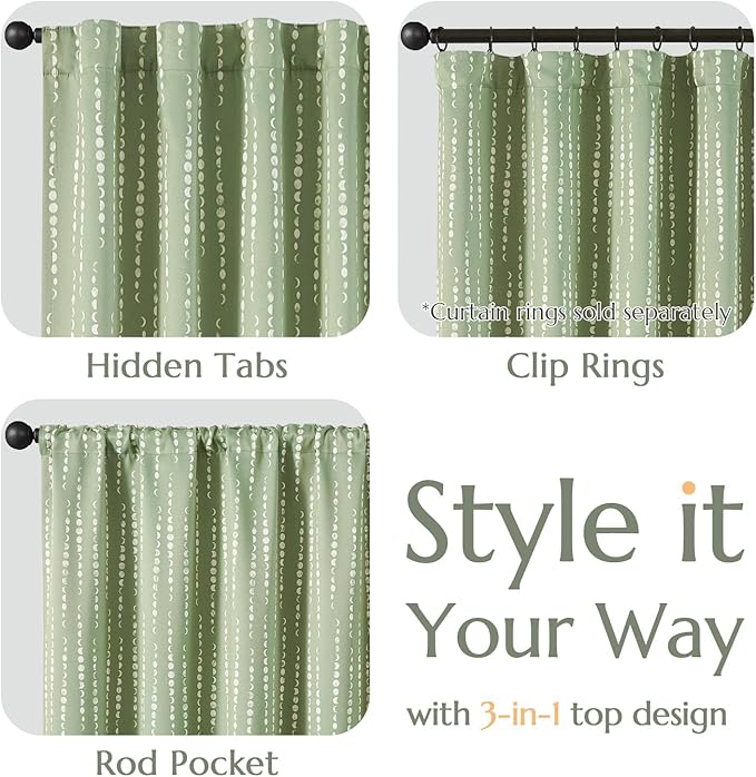 jinchan Boho Blackout Curtains 63 Inch Length Moon Phase Printed Drapes | Sage Green Farmhouse Curtain for Bedroom Living Room Back Tab Drapes Room Darkening Window Treatment 2 Panels