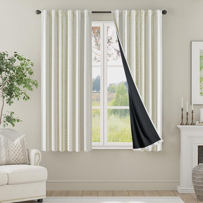 jinchan Boho Blackout Curtains 63 Inch Length for Bedroom Living Room | Sage Green on Beige Geometric Printed Back Tab Rod Pocket Farmhouse Curtains Room Darkening Thermal Window Treatment 2 Panels