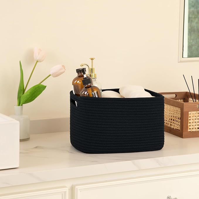 OIAHOMY 4 Pack Storage Baskets for Organizing 15L Cube Storage Bins Black | Woven Baskets for Storage Rectangle Small Baskets With Handles Baskets for Shelves Wicker Baskets for Shelves 12.7x9x7.8inch