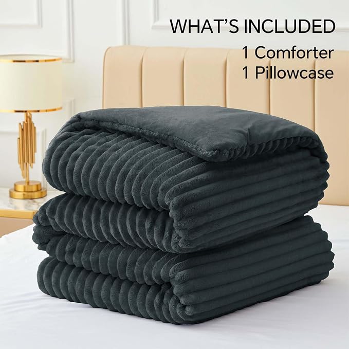 BEDELITE Fleece Twin/Twin XL Comforter Set, Fluffy Bed Set, Dark Grey | Super Soft & Warm Bedding, Luxury Fuzzy Faux Fur Comforter for Winter, Heavy Plush Bedding, with 1 Pillowcase