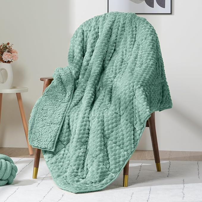 Fleece Weighted Blanket for Adults 60" x 80" 15lbs Fuzzy Blankets Green | Soft Queen Size Sherpa Weighted Blankets, 3D Imitation Turtle Shell Warm Jacquard Flannel Heavy Blanket for Couch and Bed
