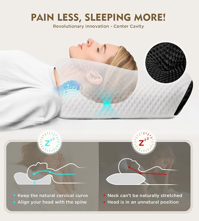 Cervical Pillow for Neck Pain Relief, Hollow Design Odorless Memory Foam Pillows with Cooling Case, Adjustable Orthopedic Bed Pillow for Sleeping, Support for Side Back Sleepers