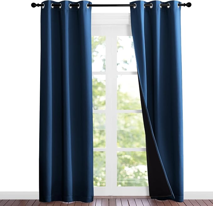 NICETOWN Moroccan Blue Full Shade Curtain Panels, 37" Wide x 80" Long, Pair of Thermal Insulated & Energy Efficiency Blackout Curtains for Living Room Windows, Lined Silky Performance Window Dressing