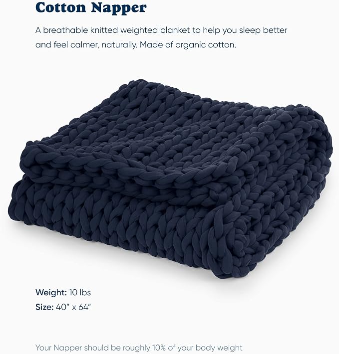 Cotton Hand-Knit Weighted Blankets for Adults - Chunky Knit Blanket - Sustainable, Breathable, Organic, Cooling Weighted Blanket - Machine Washable (Midnight Blue, 10 lbs, 40"x64")