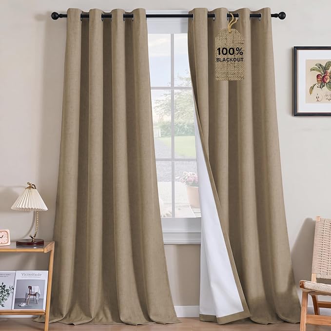 H.VERSAILTEX Linen Curtains 100% Blackout Curtains for Bedroom 120 inch Long Full Light Blocking Nature Linen Blended Window Curtains for Living Room Nickel Grommet (2 Panels, Heathered Macchiato)