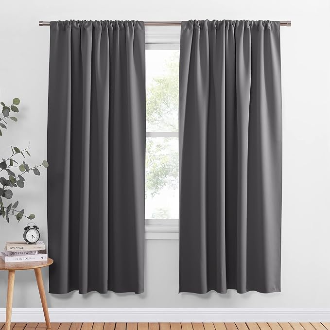PONY DANCE Gray Blackout Curtains - Window Cover Double Panels Rod Pocket Drapes Light Blocking Drapes Thermal Insulated Privacy Protect for Living Room, 34 Wide by 72 Long, 2 Panels