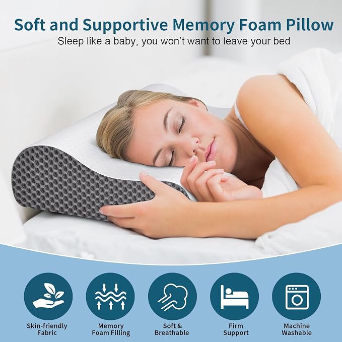 Cervical Neck Pillow for Pain Relief, Contour Memory Foam Pillows Ergonomic Pillow for Sleeping Bed Pillow Neck Support with Cooling Pillowcase Orthopedic Pillow for Side Back Sleepers(Light Grey)