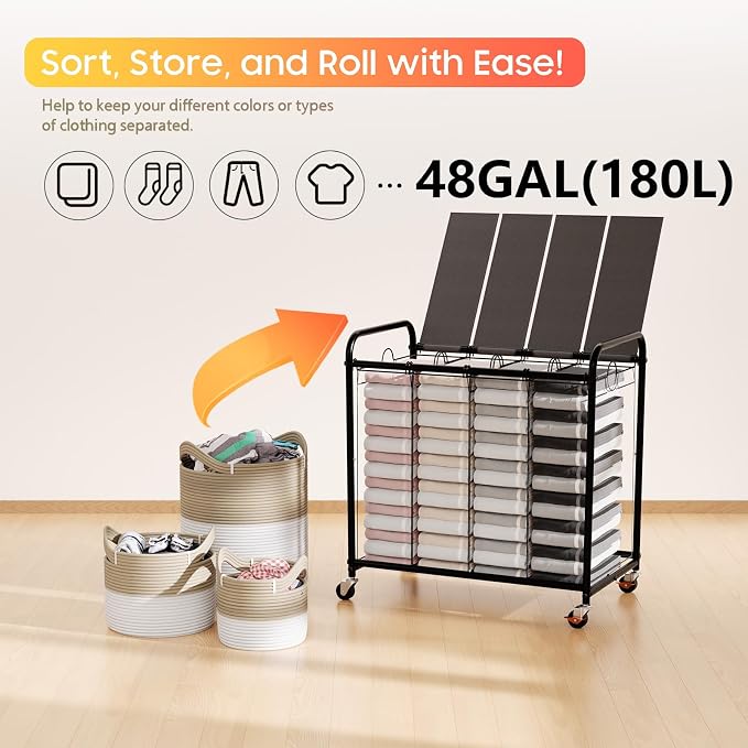 Laundry Sorter 4 Sections 48 Gal, Rolling Laundry Basket with Wheels ＆ Lid | Laundry Hamper, 4 Separated Removable Bags, Lockable Wheels, Dirty Clothes Hamper for Laundry Room Organizer, Grey