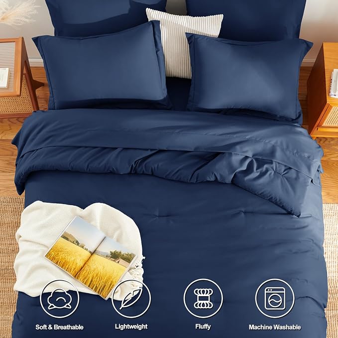 HIMEET Oversized Queen Comforter Sets, 7-Piece Point-Quilted, Navy Blue | OEKO-TEX Certified, Lightweight 240 GSM Comforter, Flat Sheet, 14-Inch Deep-Pocket Fitted Sheet, Pillowcases & Shams